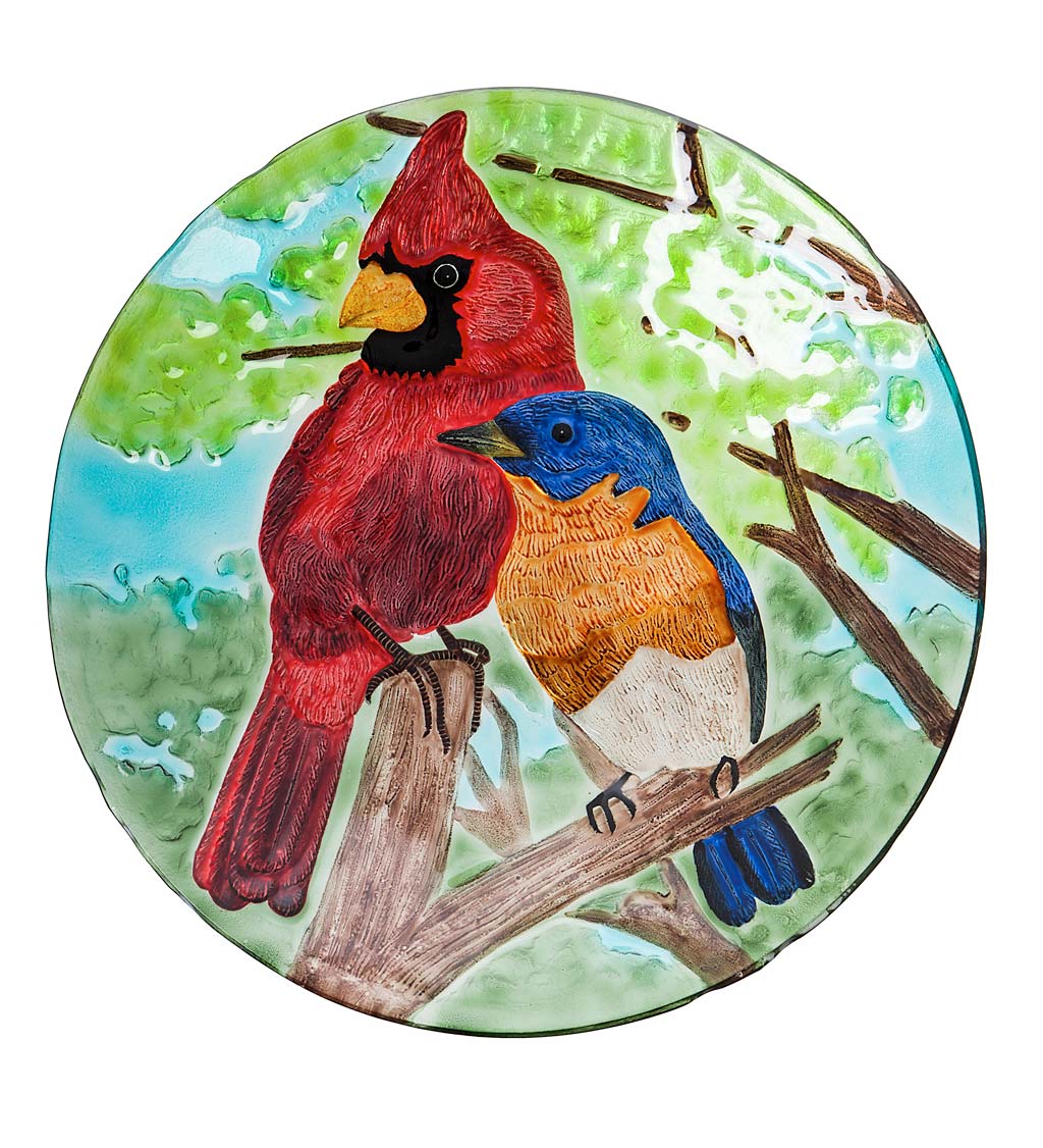 Hand-Painted Embossed Cardinal and Bluebird Glass Bird Bath