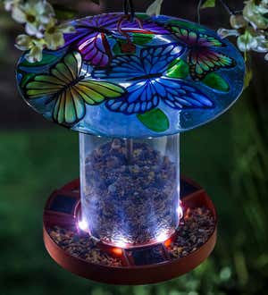 Hand-Painted Embossed Glass Butterfly Solar Bird Feeder