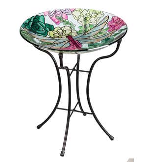 Dragonfly and Succulents Glass Birdbath Basin with Stand