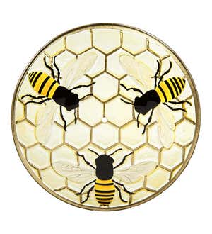 Hand-Painted Embossed Glass Honey Bees Solar Bird Feeder