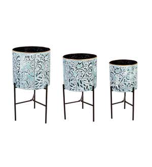 Embossed and Painted Metal Standing Planters, Set of 3