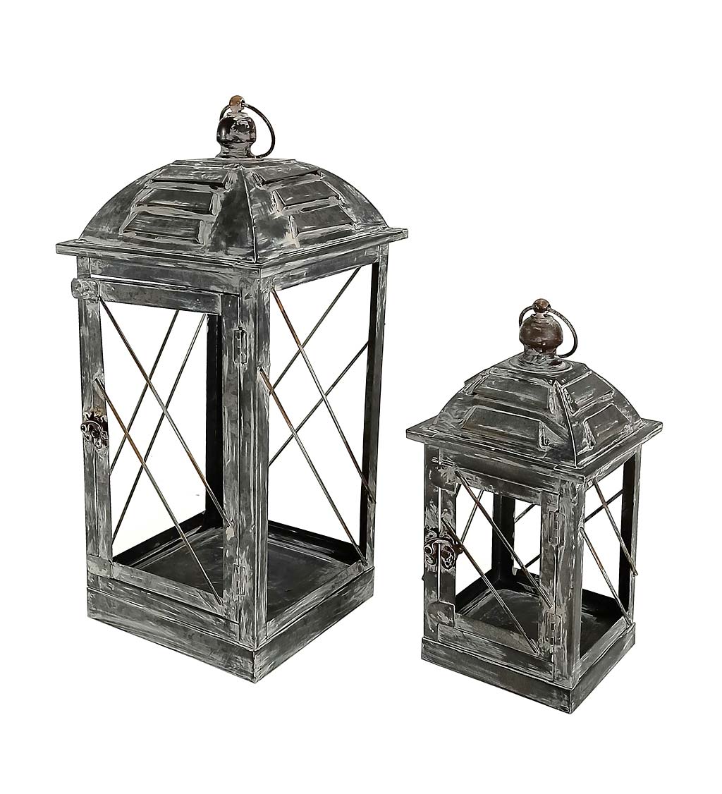 Distressed Metal and Glass Lanterns, Set of 2