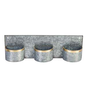 3-Pot Galvanized Metal Wall Planter with Brass Rims, Set of 2