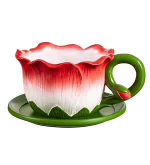 Ceramic Flower Teacup Planter with Saucer - Pink