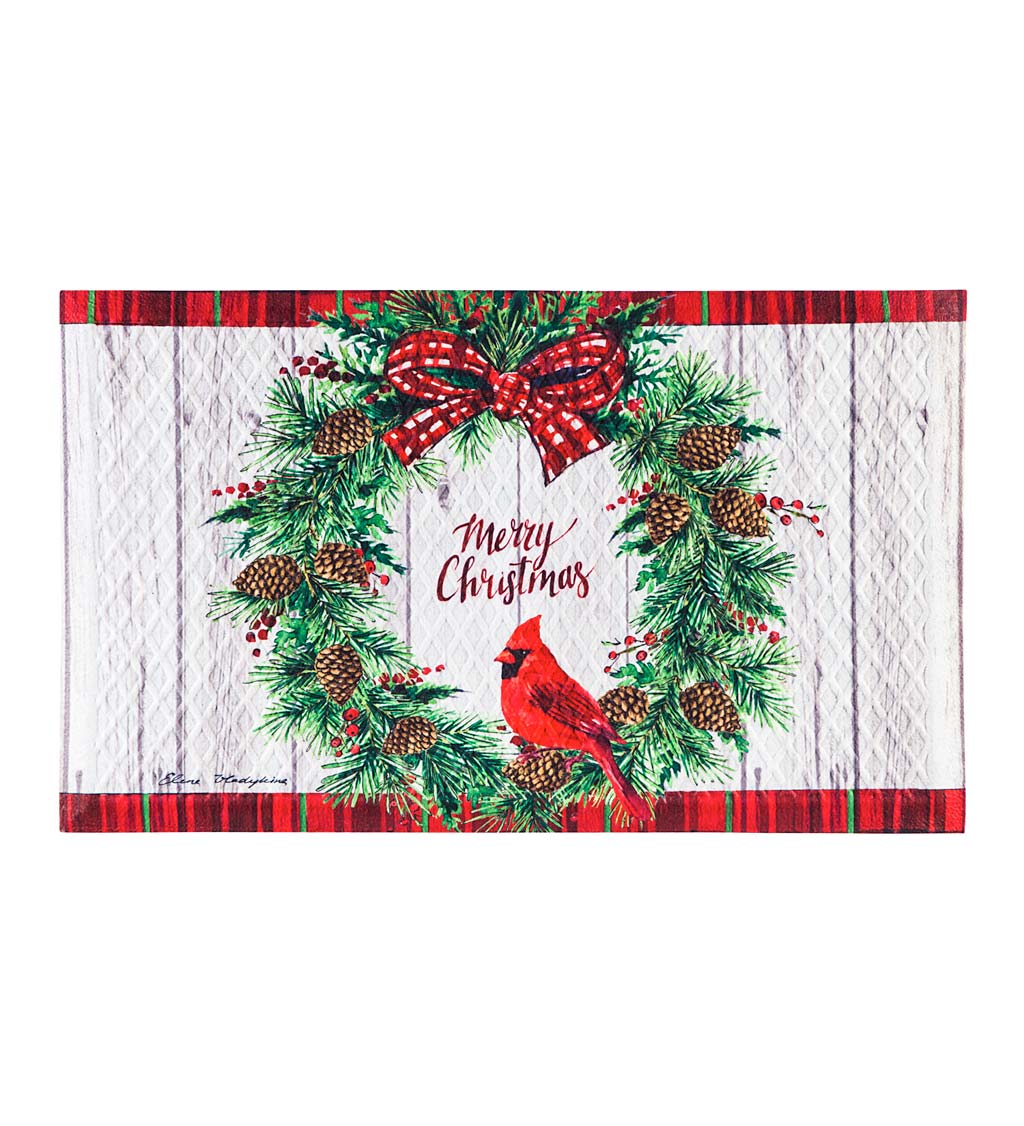 Indoor/Outdoor Merry Christmas Cardinal Wreath Door Mat