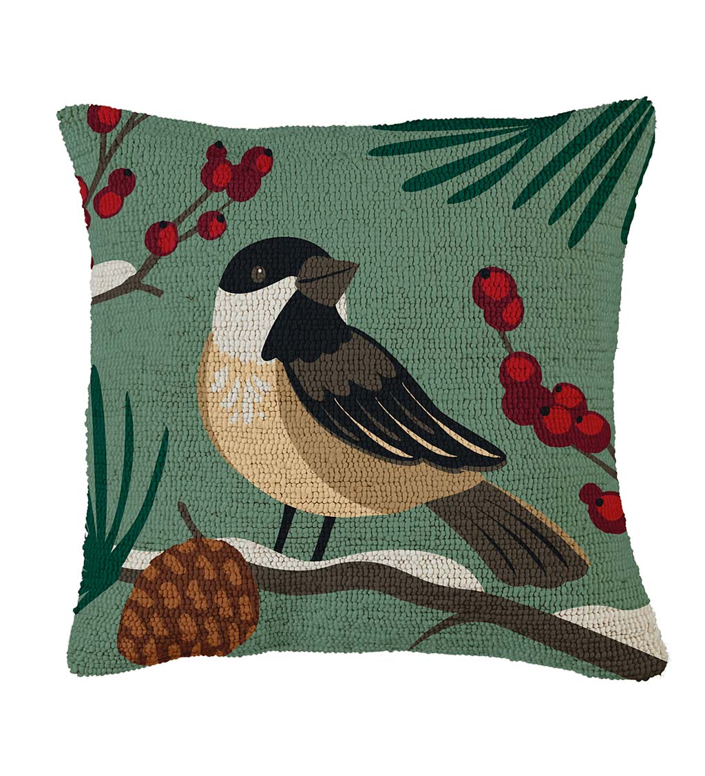 Indoor/Outdoor Chickadee and Pine Cone Hooked Pillow