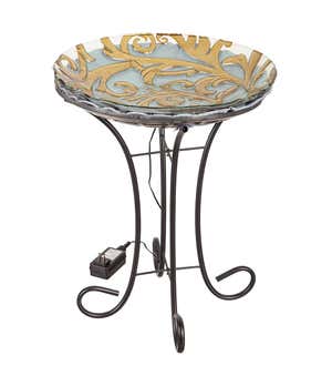 Hand-Painted Golden Scroll Glass Bird Bath with Heater and Stand