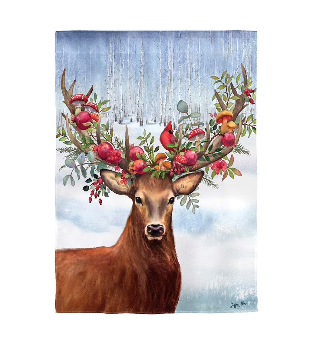 Regal Winter Woodland Deer with Cardinal Satin Garden Flag