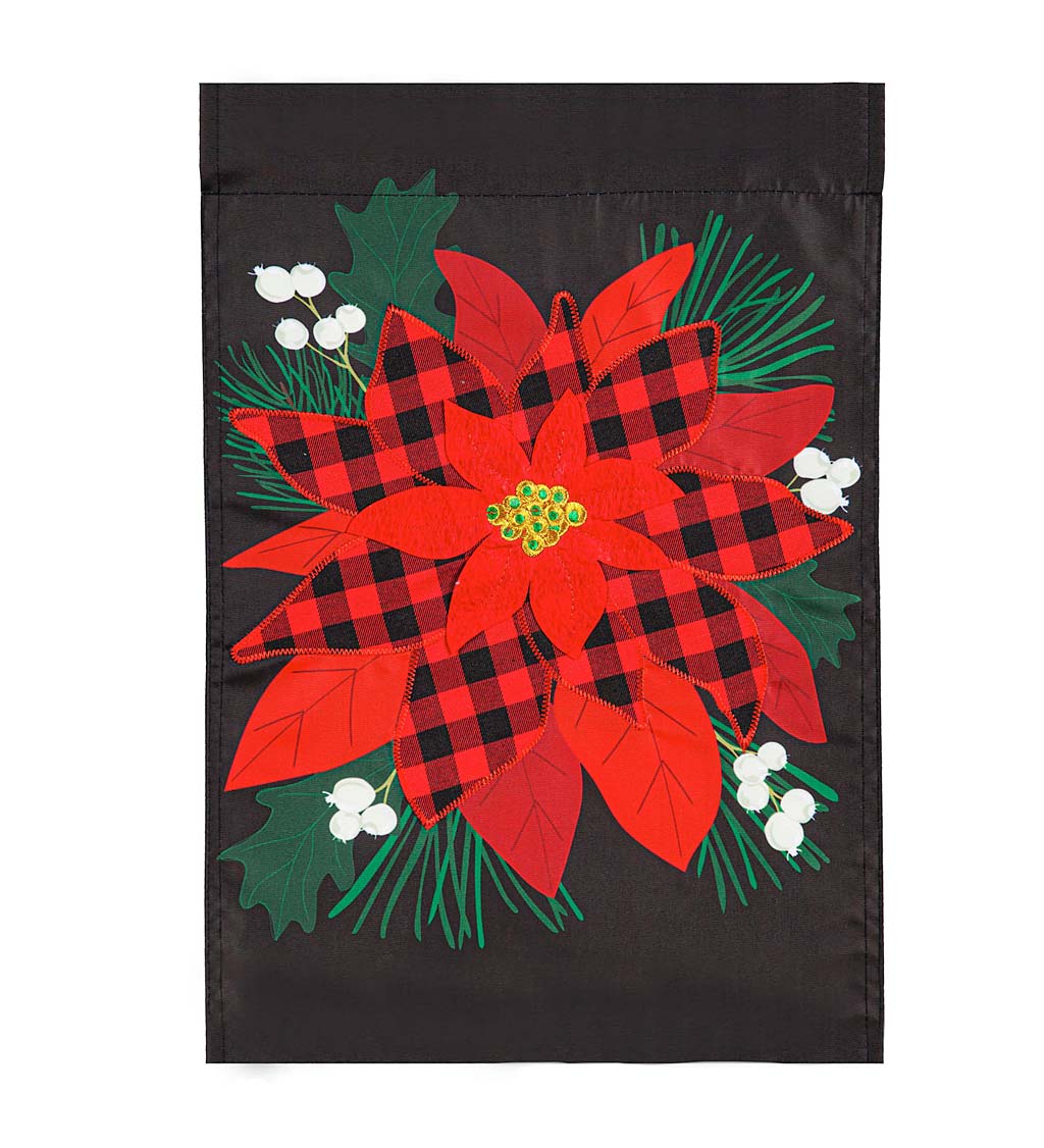 Red and Black Buffalo Check Plaid Poinsettia with Berries and Greens Applique Garden Flag