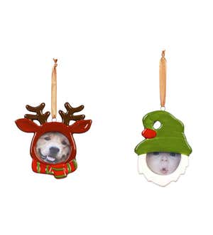 Ceramic Reindeer and Gnome Picture Frame Christmas Tree Ornaments, Set of 2
