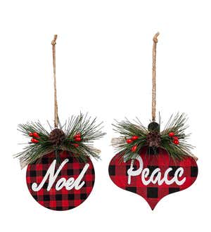 Wooden "Peace" and "Noel" Plaid Christmas Tree Ornaments, Set of 2