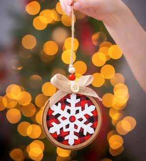Wooden and Plaid Snowflake Christmas Tree Ornaments, Set of 2