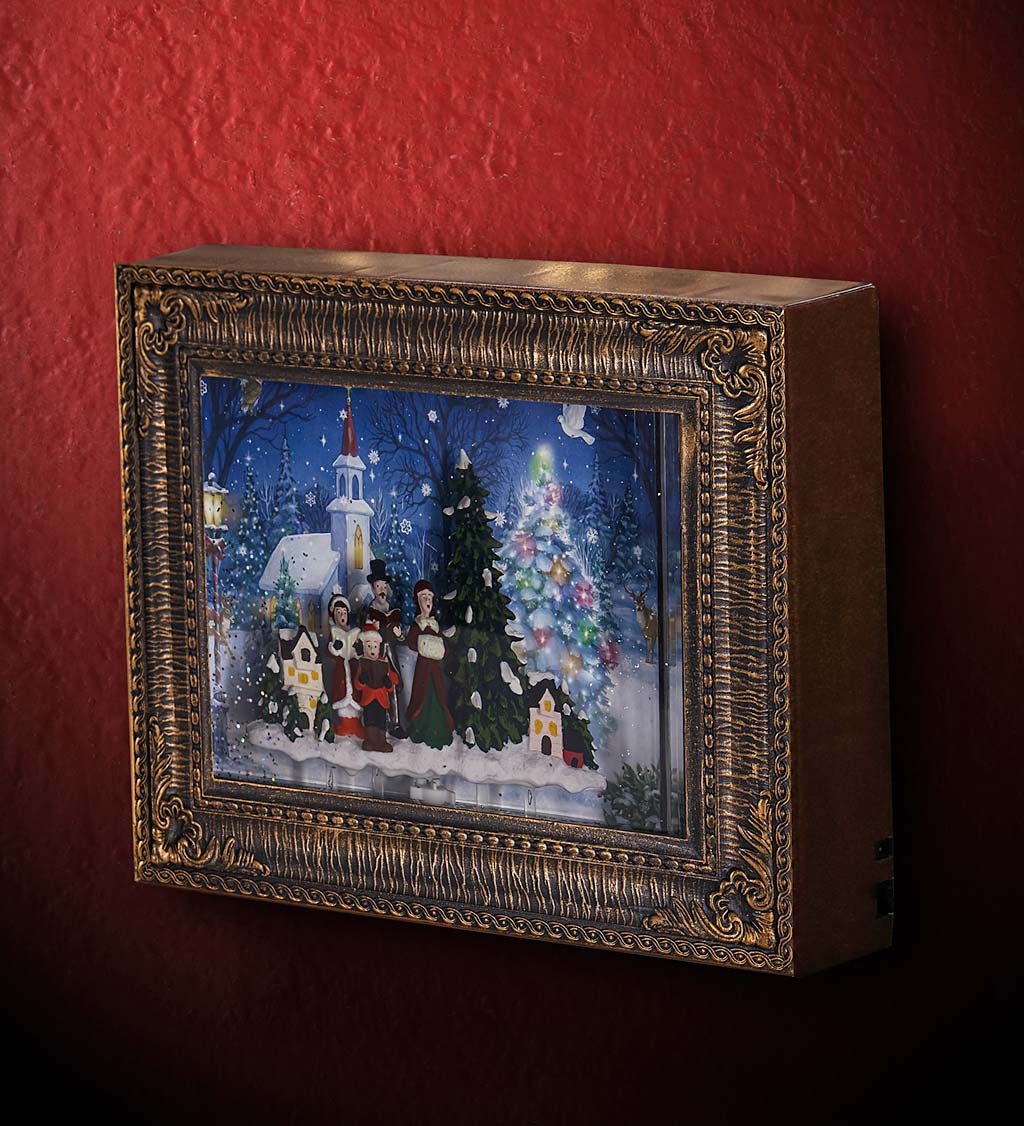 Lighted Musical Bronze Framed Snow Globe with Holiday Carolers Wall Décor