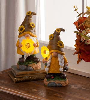 LED Polyresin Sunflower Gnomes Table Décor, Set of 2