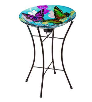 Bountiful Butterfly Hand Painted Embossed Glass Bird Bath with Solar Stand