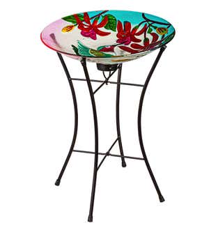 Hummingbird Flutter Hand Painted Embossed Glass Bird Bath with Solar Stand