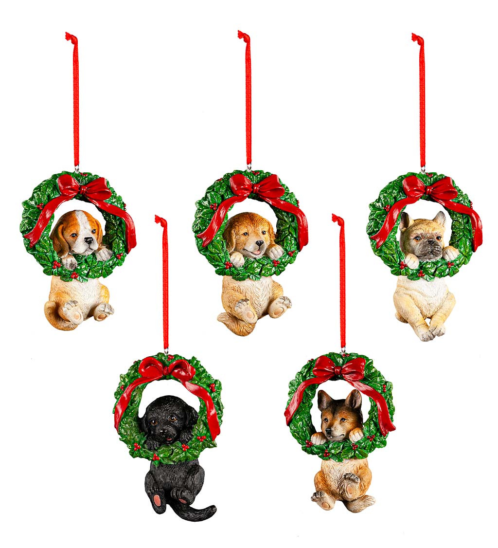 Dog Wreath Christmas Tree Ornaments, Set of 5
