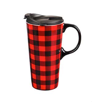 Red & Black Buffalo Plaid 17 oz. Ceramic Travel Cup With Gift Box