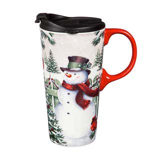Snowman Greetings 17 oz. Ceramic Travel Cup With Gift Box