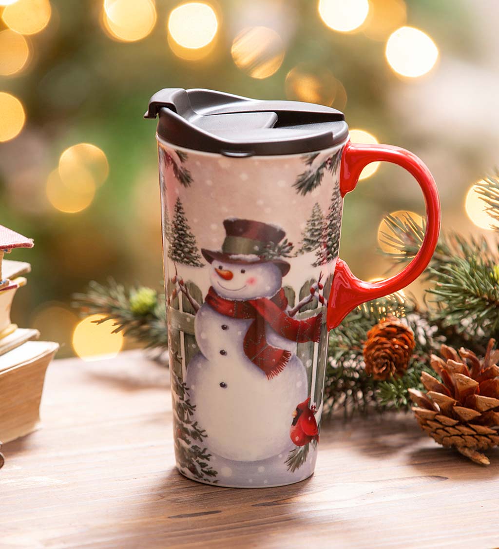 Snowman Greetings 17 oz. Ceramic Travel Cup With Gift Box