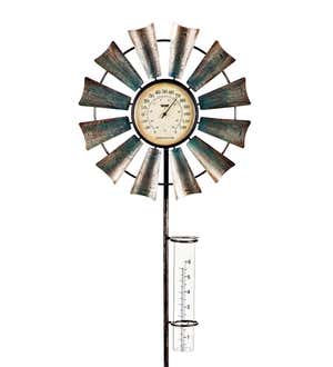 Bronze and Metallic Thermometer with Rain Gauge Windmill Spinner Stake