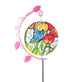 Stained Glass Butterfly and Tulips Spinner Garden Stake