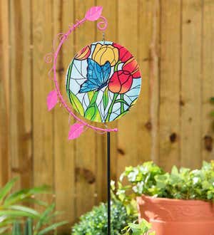 Stained Glass Butterfly and Tulips Spinner Garden Stake