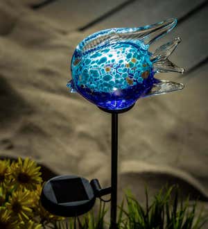 Solar Art Glass Blue Fish Garden Stake