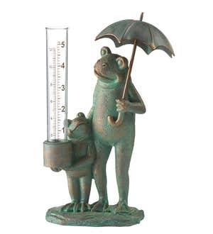 Father and Son Frogs with Umbrella with Acrylic Rain Gauge