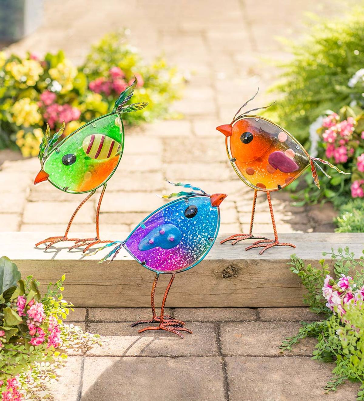Indoor/Outdoor Metal and Colorful Iridescent Glass Bird Statues