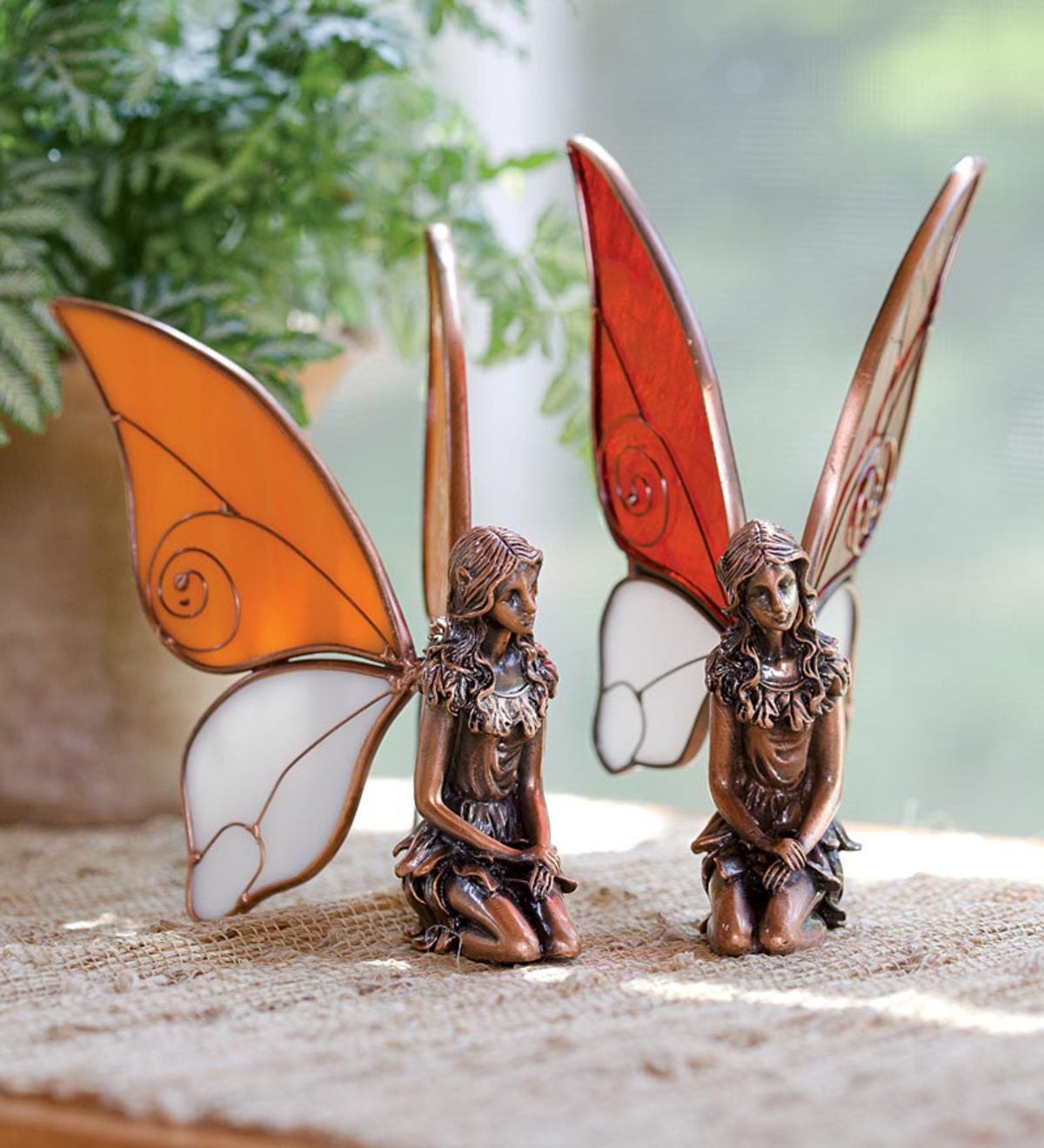 Pair Of Kneeling Copper Fairy Statues - Red/Amber