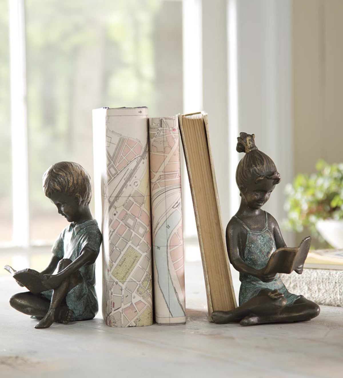 Cast Iron Reading Children Bookends with Bronze and Patina Finish, Set of 2
