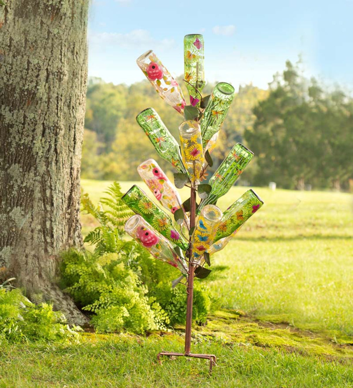 Metal Ivy Bottle Tree with Set of 14 Glass Bottles
