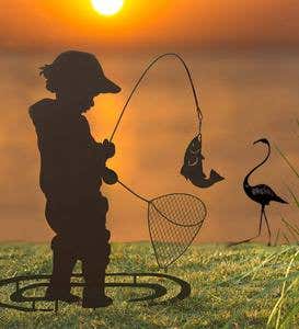 Metal Boy Fishing Silhouette Decorative Garden Stake