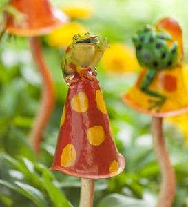 Frogs on Mushrooms Metal Garden Stakes, Set of 3