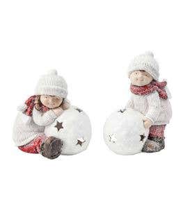 Children with Lighted Snowballs Figurines, Set of 2