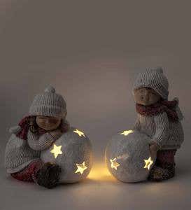 Children with Lighted Snowballs Figurines, Set of 2
