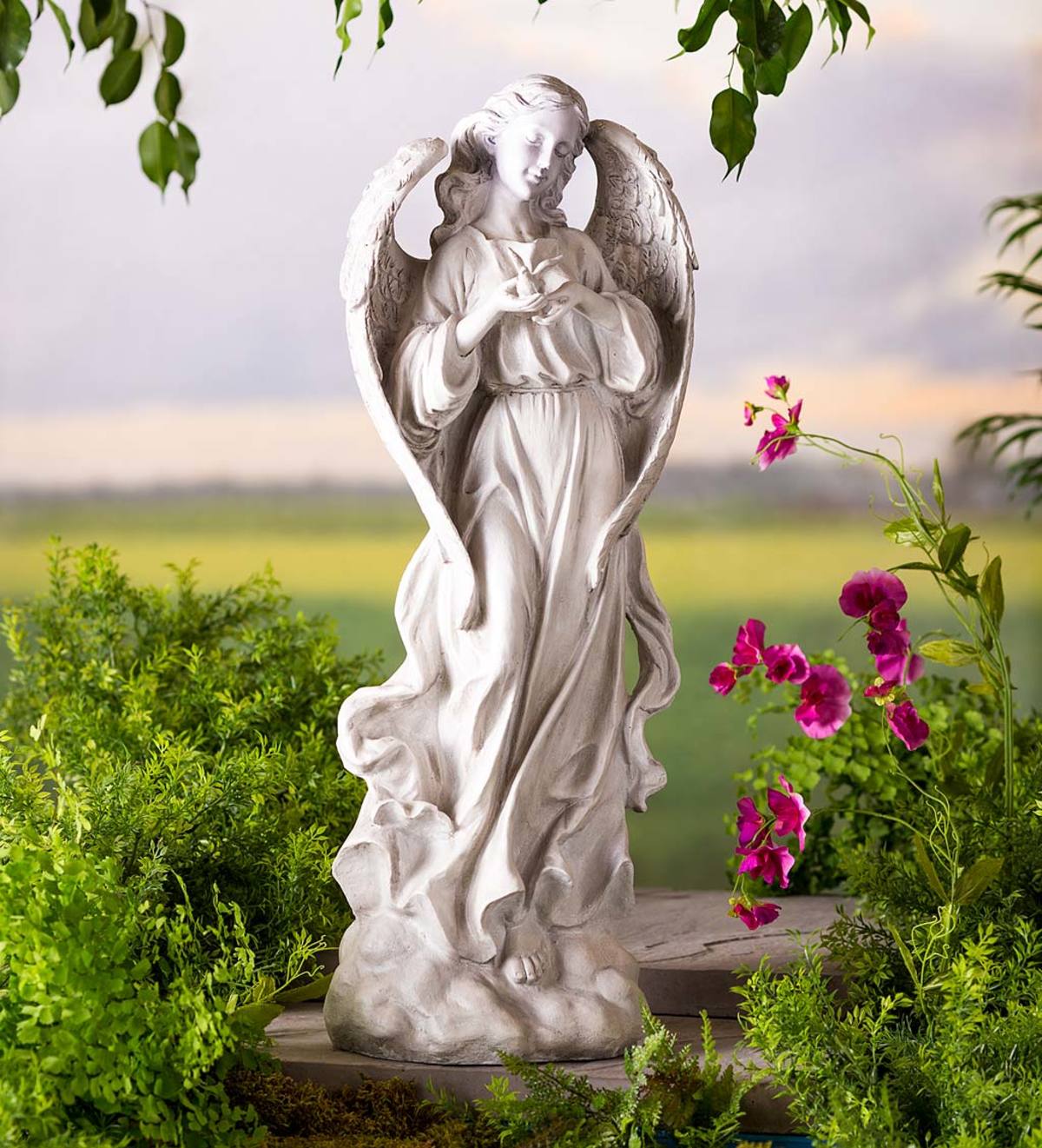 Tall Angel Statue with Bird Statue
