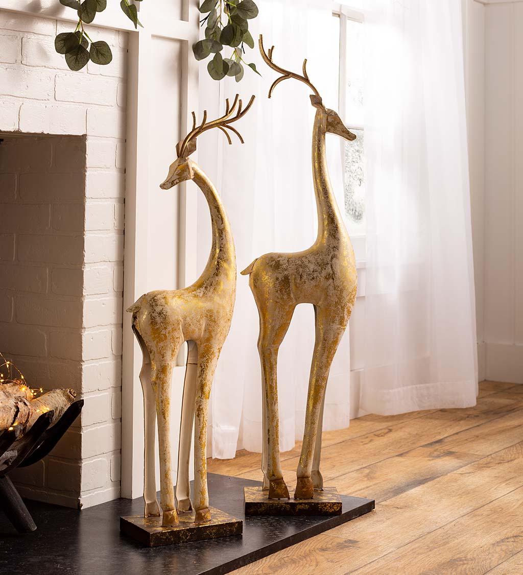 Gold and White Iron Deer Statues