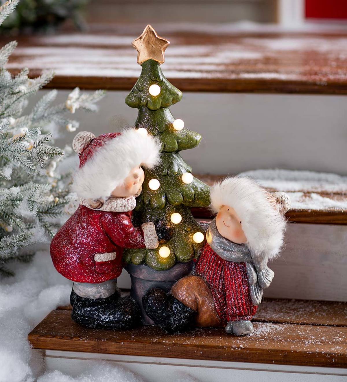 Indoor/Outdoor Children with Lighted Christmas Tree Sculpture