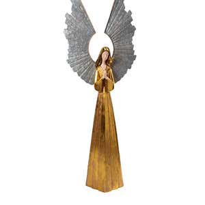 Large Golden Angel with Raised Metal Wings and Praying Hands