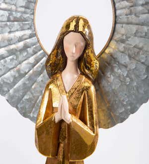 Large Golden Angel with Raised Metal Wings and Praying Hands