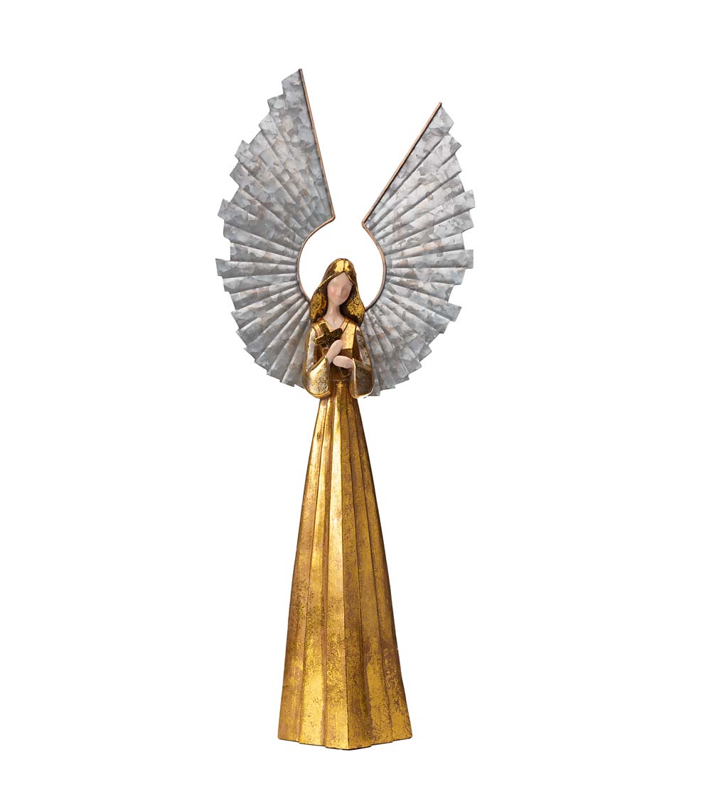 Small Golden Angel with Raised Metal Wings and Holding a Cross