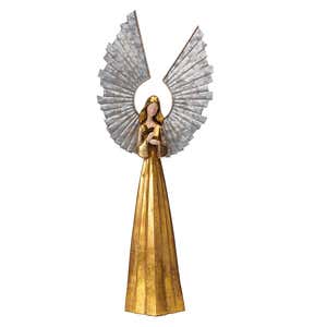 Small Golden Angel with Raised Metal Wings and Holding a Cross