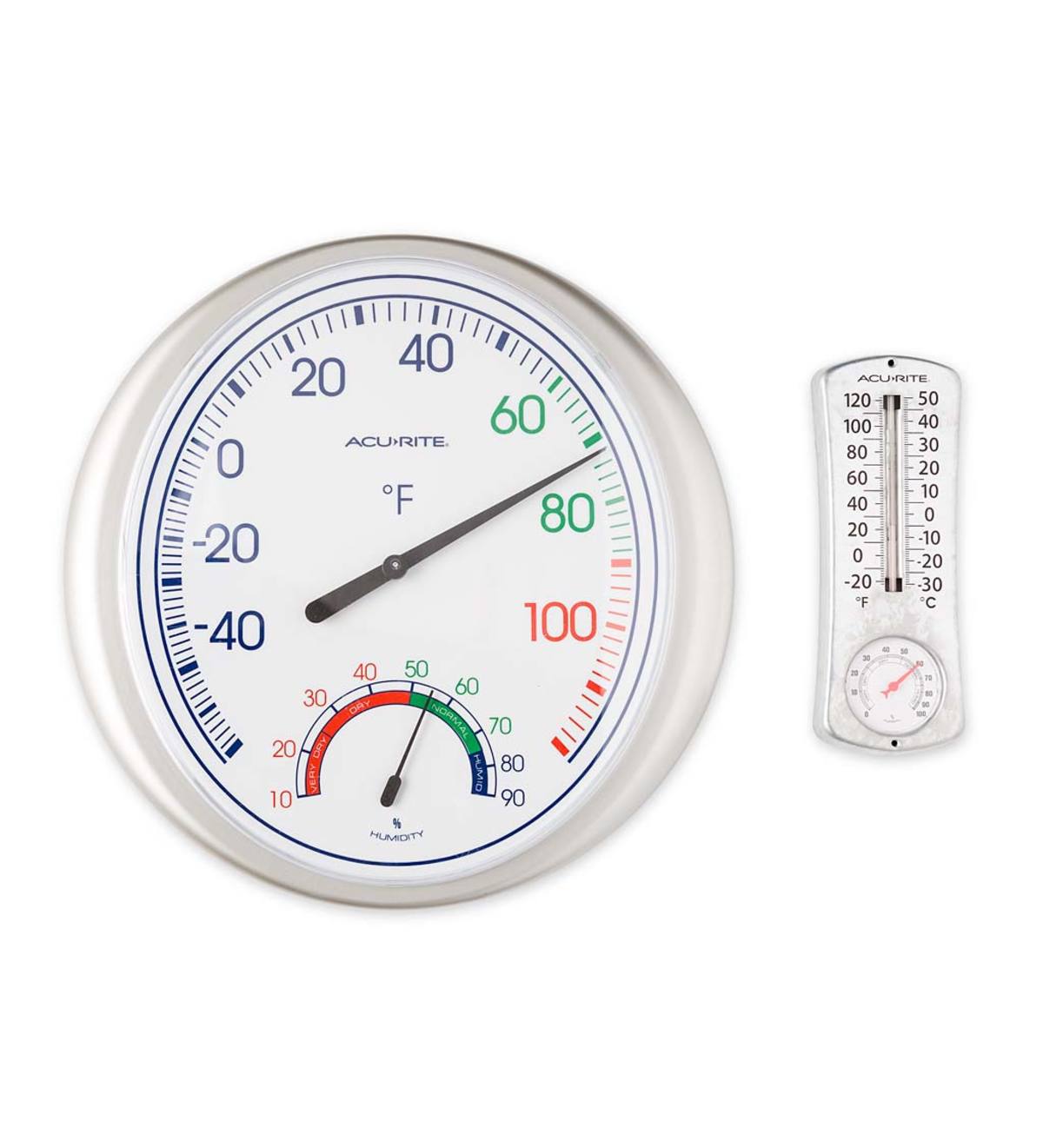 Set of Two Indoor/Outdoor Analog Thermometers with Hygrometers to