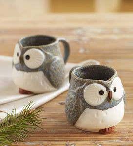 Ceramic Owl Mugs, Set of 2 - Gray