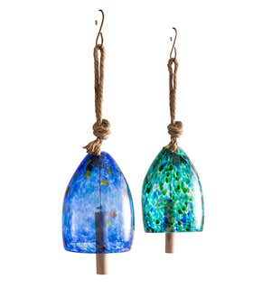 Colorful Mouth-Blown Glass Bell with Jute Hanging Rope and Poplar Wood Clapper - Aqua