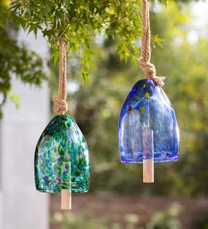 Colorful Mouth-Blown Glass Bell with Jute Hanging Rope and Poplar Wood Clapper - Aqua