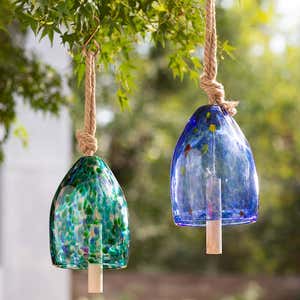 Colorful Mouth-Blown Glass Bell with Jute Hanging Rope and Poplar Wood Clapper