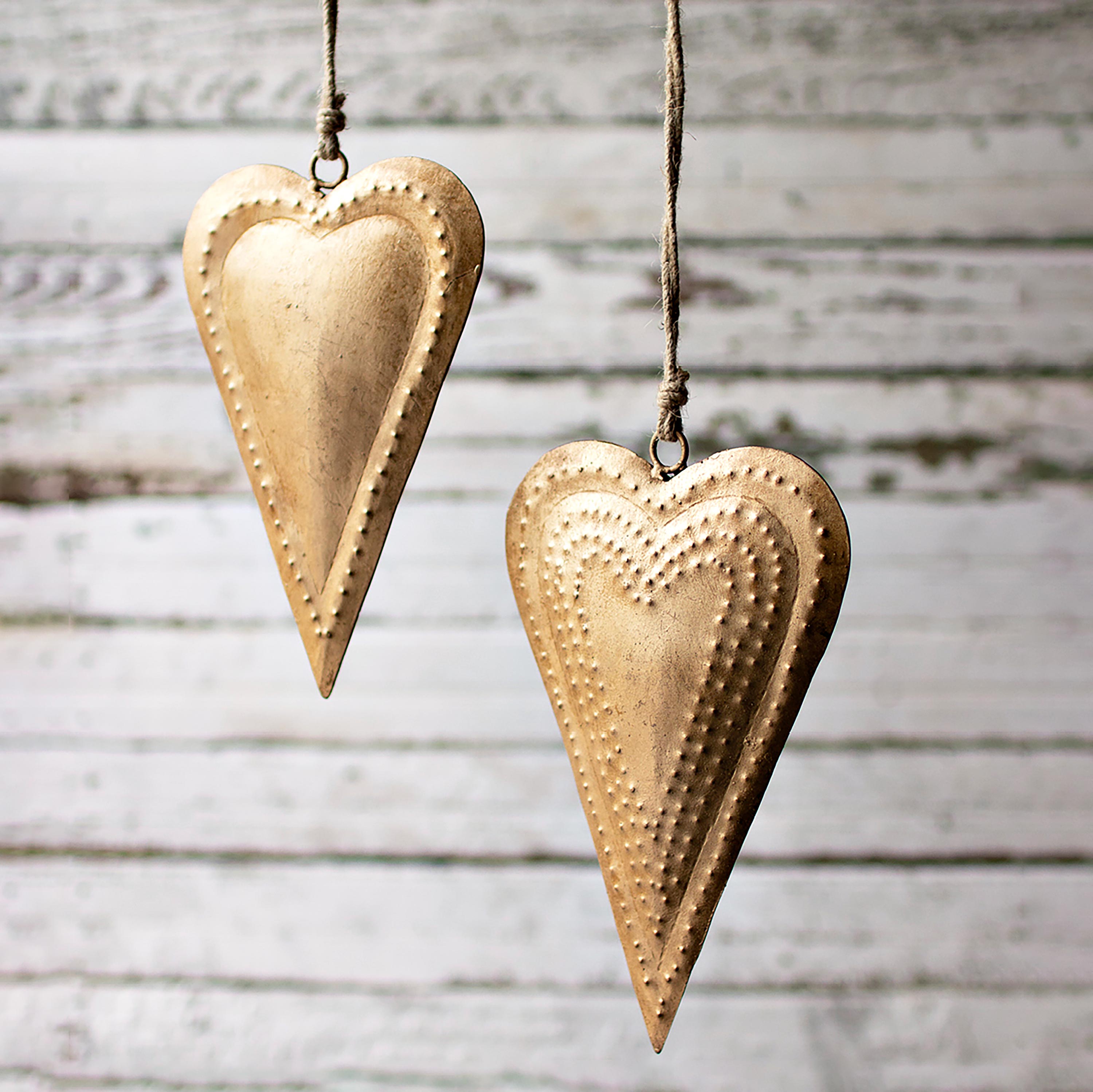 Hanging Antique Brass Metal Hearts, Set of 2 | Wind and Weather